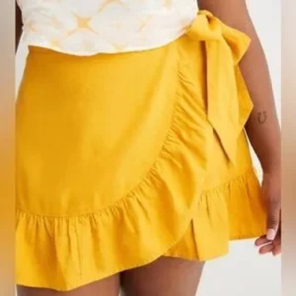 aerie Linen Blend Ruffled Hem True Wrap Skirt-Golden Yellow